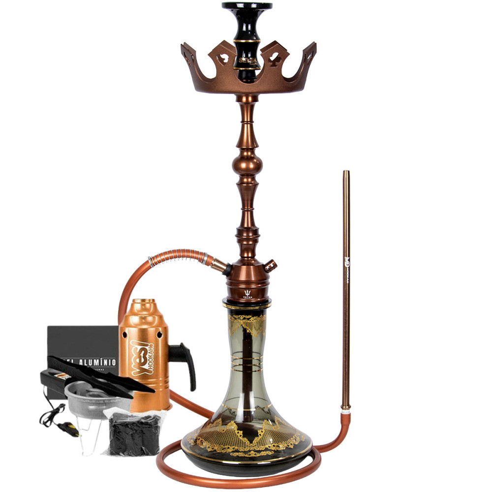 Narguile Triton Up Cobre Vaso Md Genie 26cm Rosh Seven Bowl Prato Coroa Fogareiro Abafador Alumínio Pegador Carvão