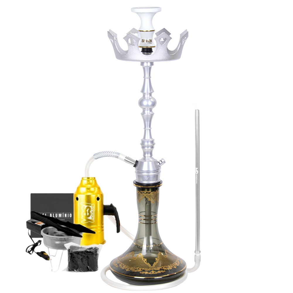 Narguile Triton Up Prata Vaso Md Genie 26cm Rosh Seven Bowl Prato Coroa Fogareiro Abafador Alumínio Pegador Carvão