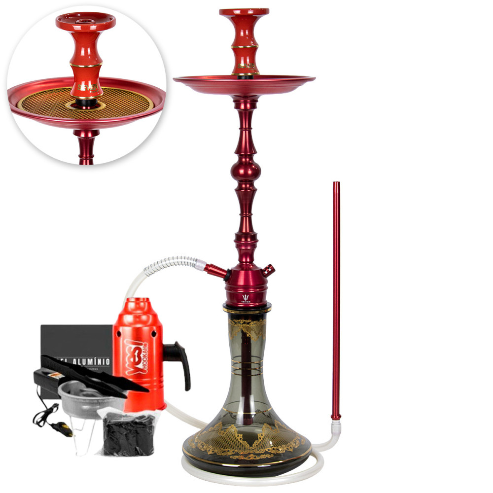 Narguile Triton Up Vermelho Vaso Md Genie 26cm Rosh Seven Bowl Prato Komanches Fogareiro Abafador Alumínio Pegador Carvão